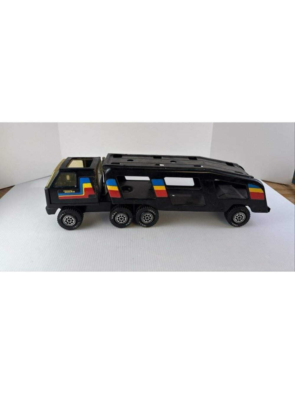 Vintage Tonka Black Car Hauler Cab & Trailer 20" Long x 5" Tall Pressed Steel